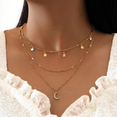 New 2021 Vintage Fashion Gold MultiLevel Crystal Moon Five-pointed Star Pendant Necklaces For Women Female Chain Jewelry Gift