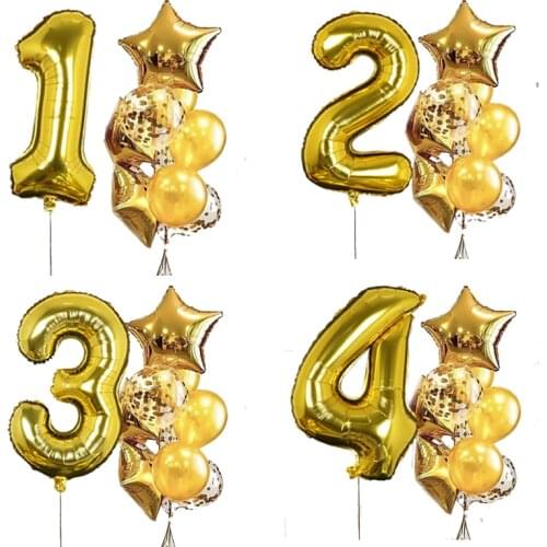 1set Gold 32inch Foil Number Balloons Birthday Party Decorations Star Ballon Kids Boy Girl 1st 1 2 3 4 Years Supplies Globos