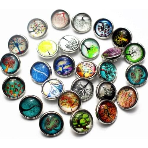 10pcs/lot Random Mix Tree Of Life Snap Buttons 12mm Print Glass Cabochon Snap Charms Fit DIY Snap Bracelet Earrings Jewelry