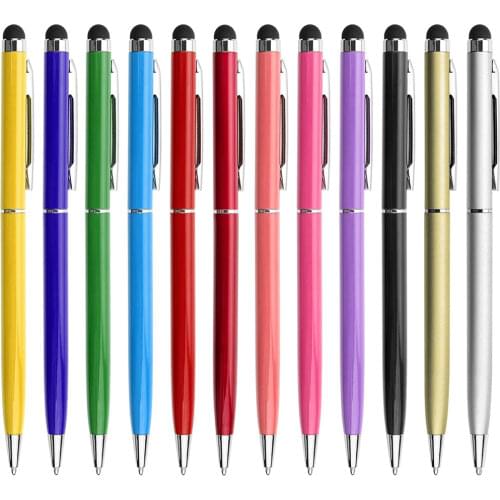 50pcs/lot 13 colors Mini Metal 2 In 1 Touch Screen Stylus Universal Roller Ballpoint Pen For iPhone iPad Samsung Black Blue ink