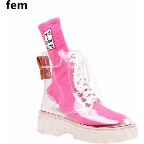 Transparent Martin Boots Round Toe Lace Up Ankle Boots Clear Heels Platform Flats Shoes Women Mid Heels Free Sock Fashion Boots
