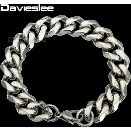 Davieslee Stainless Steel Bracelet Cut Curb Cuban Link Chain Mens Womens Fashion Jewelry (14mm Wide) DLKB309