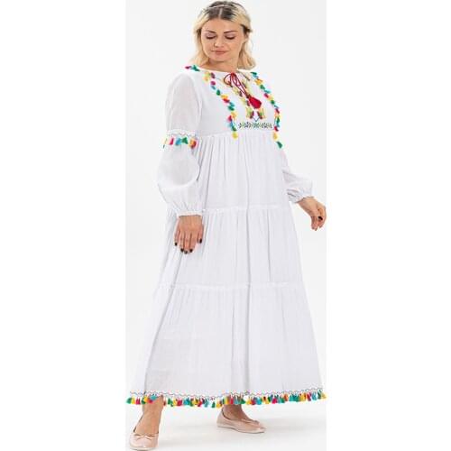 Long Black Handmade %100 Cotton Tasseled Dress New Trend Fashion Special Design Women Hijab Clothing