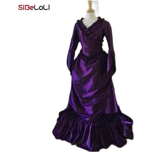19th Century Purple Vintage Victorian Gothic French Bustle Dresses Wedding Renaissance Ball Gowns Reenactment Theatre Clothing
