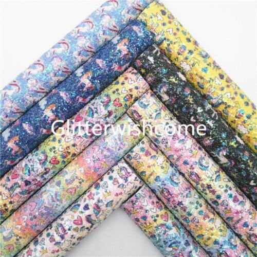 Glitterwishcome 21X29CM A4 Size Hearts Unicorn Printed Glitter Leather Fabric Sheets, Glitter Fabric for Bows, GM956A
