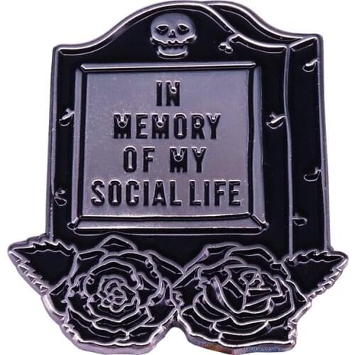 Goth Tombstone Pin Skull Roses Brooch No Social Life Dark Humor Accessory