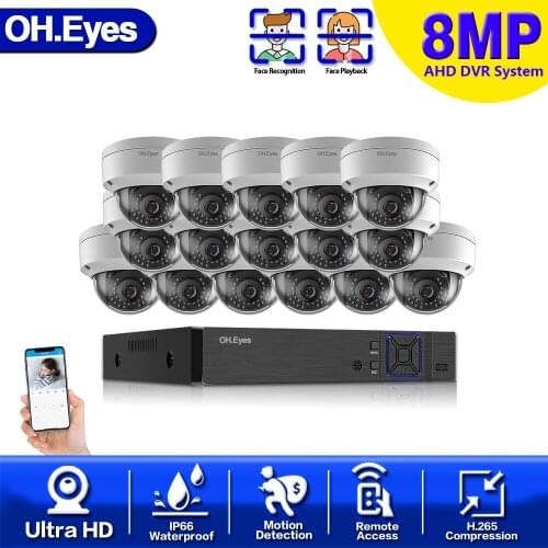 H.265 16CH AHD Kit 4K Security System Super 8PCS 16PCS 8MP Face Detection Camera Outdoor Video Surveillance CCTV DVR Kit 4T HDD