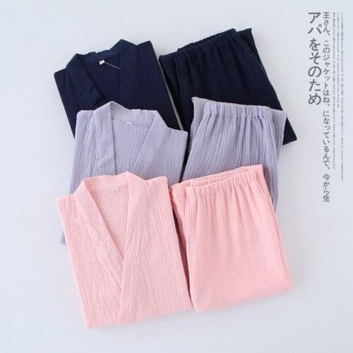 Couples 100% Cotton Crepe Thin Solid Color Pajamas Men and Women Japanese Lovers Kimono Sleepwear V-Neck Loungewear Home Clothes