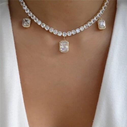 Micro mosaic Fashion Woman Small Necklace Pendants Luxurious Geometric Rhinestone Hip hop Shine Nightclub Chain Party Gift