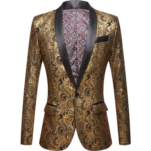 Mens gold plated black collar suit Set Wedding Gold Floral Pattern Slim Fit Party Prom Dress Tuxedo Singers Costume jacket