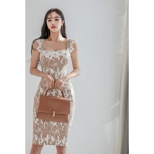 New arrival fashion korean summer midi party dress women OL flower print lace sexy ladies sleeveless strap bodycon holiday dress