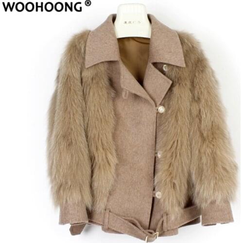 WOOHOONG Winter New Real Fur Coat Womens Retro Coat Natural Fox Fur Korean Fashion Streetwear Stitching Wool Coat