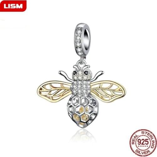 New Sale Genuine 925 Sterling Silver Zircon Bee Clear CZ Pendant Charms fit Women Bracelets Necklaces DIY Jewelry Making Gift