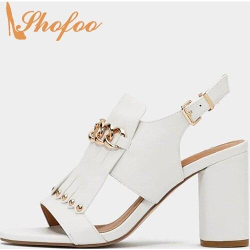 Large Size 11 16 White Studs Chains Ankle Wrap Slingbacks Sandals Woman High Square Heels Buckle Strap Female Dress Shoes Mature