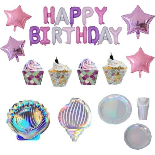 Mermaid Theme Birthday Party Decoration Baby Girls Shell Paper Plates Disposable Tableware Number Foil Balloons Party Decoration