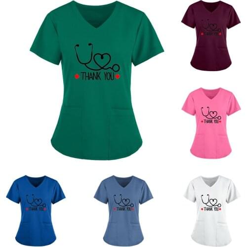 Uniforme Enfermera Mujer Women Short Sleeve V-neck Tops Working Uniform Solid Color Pocket Blouse медицинская одежда