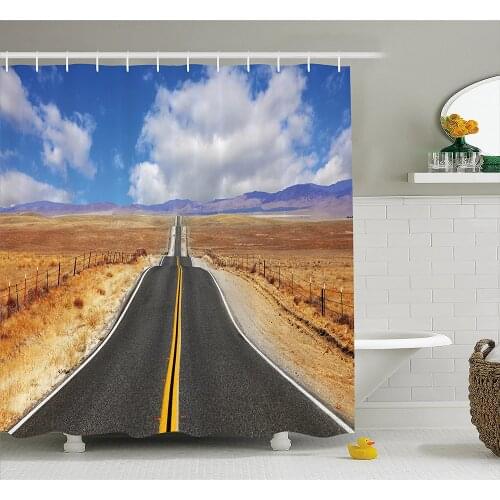 United States Shower Curtain Highway in California Steppe and Clouds Asphalt Road Horizon Hills Journey Waterproof Bath Curtains