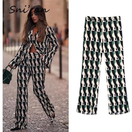 Black Green Geometrical Print Pant Za 2021 Women High Waist Satin Long Trousers Summer Fashion Office Ladies Pantalon Pour Femme