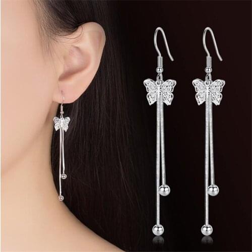 KOFSAC Top Quality 925 Silver Earrings For Women Party Jewelry Fashion Butterfly Tassel Girl Long Earrings Valentines Day