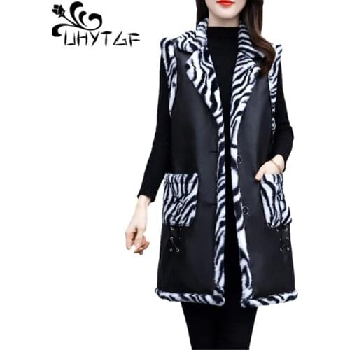 UHYTGF Sleeveless Jacket Women Mid-Length Plus Fleece Thicken Autumn Winter Fur Vests Female Slim Warm Large Size Waistcoat 1232