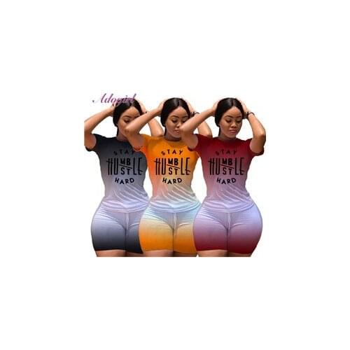 Women tracksuit casual Gradient letter print short sleeve crop top Tee shorts Sweatpants suit outfit jogger bikers two piece set