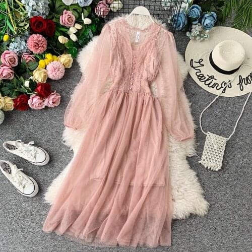 Fairy Dress Women Mesh Lace Corset Dress Woman Two Piece Pink Elegant Birthday Long Sleeve Autumn Dresses 2021 Korean Fashion
