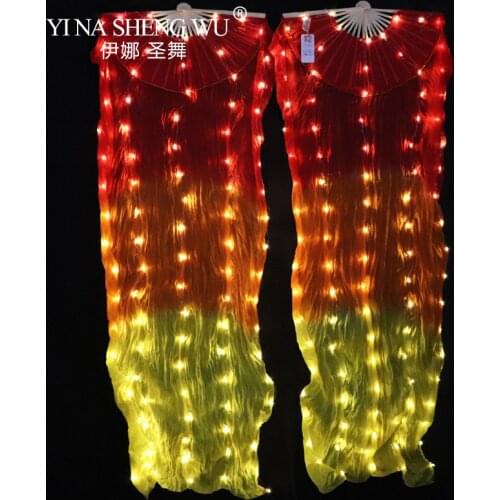 100% Silk LED Rainbow Dance Long Fans Belly Dance Performance Props Belly Dance Chinese Dance LED Fans 1pc/1pair With Batteries