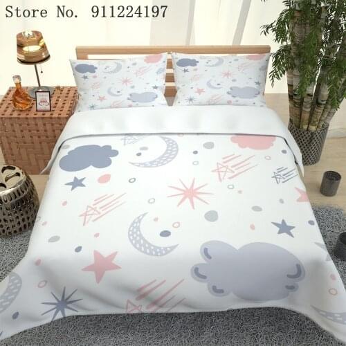 2/3PCS Cute Cartoon Bedding Set For Kids Babies Duvet Cover Moon Clouds Quilt Cover Meteor Bedclothes Microfiber Bed Linen Set