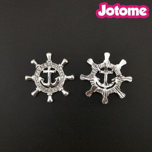 100pcs/lot Wedding Invitation Card 28mm Rudder and Anchor Shaped Silver Plated Rhinestone Wedding Bouquet Brooch Pin Button