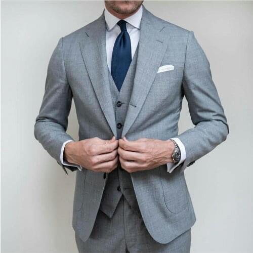 2020 Grey Mens Wedding Tuxedos Two Buttom Peaked Lapel Groom Wear Party Prom Best Men Blazer Suit(Jacket+Vest+Pants)