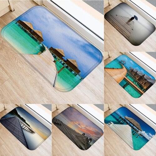 40*60 Sea & Wooden Bridge Pattern Print Floor Mats for Living Rooms Soft Flannel Anti-slip Doormat for Entrance Door Rugs