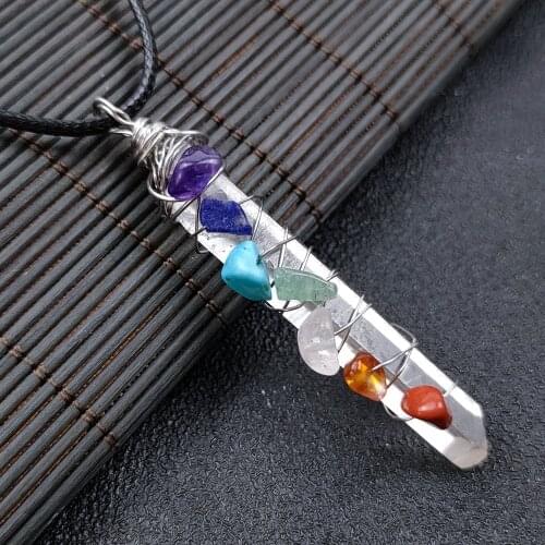 7 Chakra Energy Pendant Irregular Natural Crystal Cylinder Chips Stone Alloy Healing Meditation Necklace DIY Handmade Jewelry