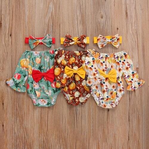 Toddler Infant Baby Girl Halloween Thanksgiving Big Bow Bodysuit Autumn Long Sleeve Off Shoulder Jumpsuit Playsuit Floral