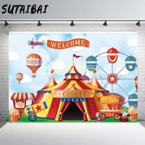 Circus Birthday Theme Backdrop Funfair Hot Air Balloon Ferris Baby Shower Carnival Party Custom Studio Background Photography