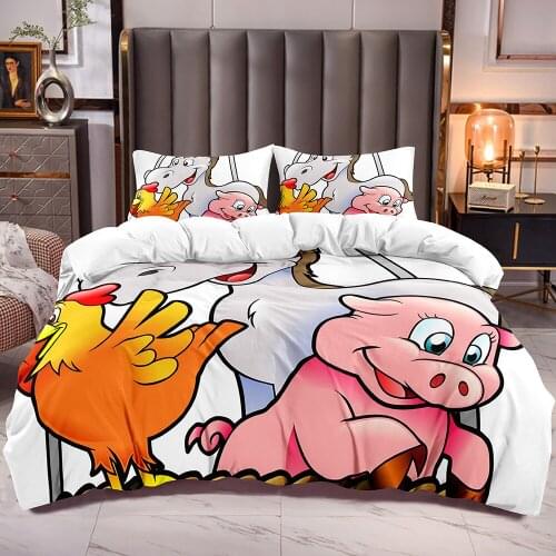 Kids Duvet Cover with Cartoon Horse Pig Chicken Print Boys Girls Bedroom Comforter Cover with White Reverse Microfiber Soft