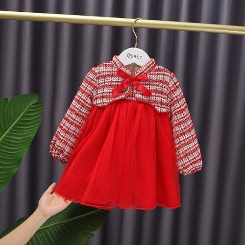 2021 Winter Red Thicken Children Clothes Baby Girls Patchwork New Years Dress Kids Bow Cotton cloth Dress Girls Outwear MB23