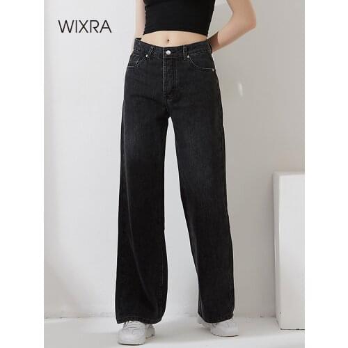 Wixra Women Street Style Wide Leg Long Denim Pants Ladies Spring Autumn Button Fly High Waist Pockets Casual Jeans