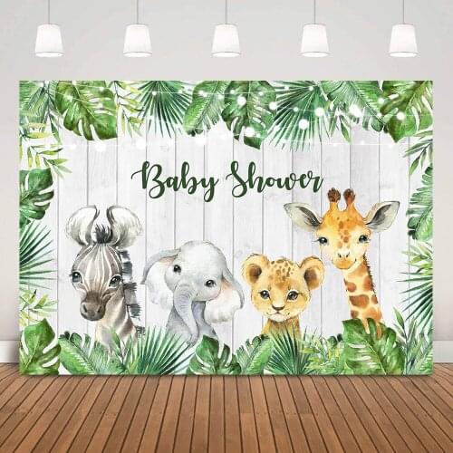 Wild Jungle Baby Shower Background Safari Newborn Animals Cake Smash Backdrop Woodland Green Leaf White Wooden Wall Photography
