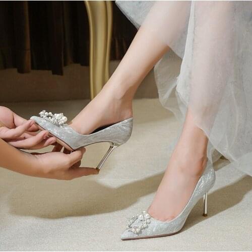 French Wedding Shoes Show Dress Main Wedding Dress Two Wear 2021 New Summer Bride Silver Heels Are Not Tired Feet