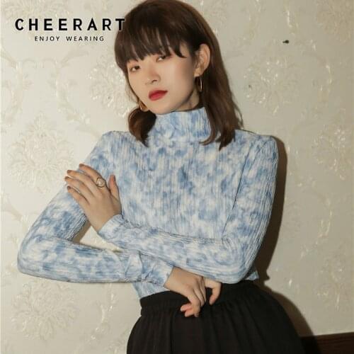 CHEERART 2020 Tie Dye T Shirt Women Fleece Turtle Neck Long Sleeve Top Casual Blue Crumple Ladies Top Underwear Clothes