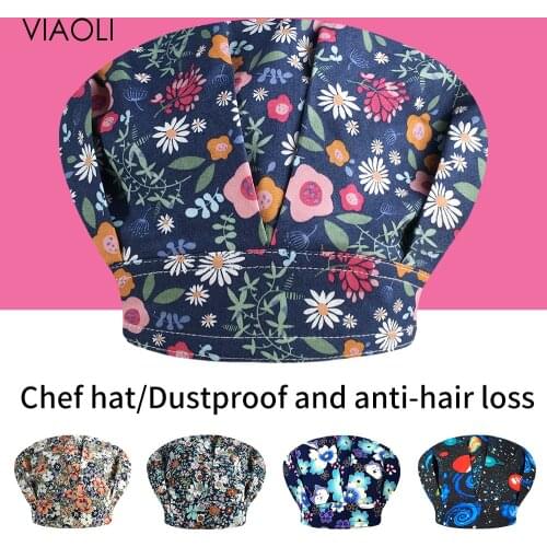 Cooker Catering work Cap Flower Print Cartoon chef Hats for long hair Cooker Working Caps Adjustable women Kitchen Elastic cap