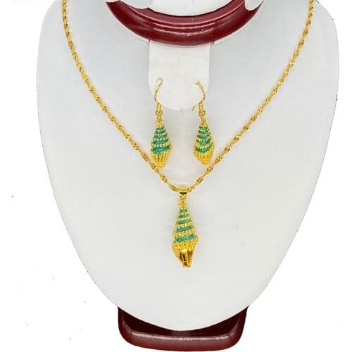 Africa Trumpet Shell Small Jewelry Sets for Women Gold Dubai Necklace/Pendant/Earring Europe Green Color Child Birthday Gift