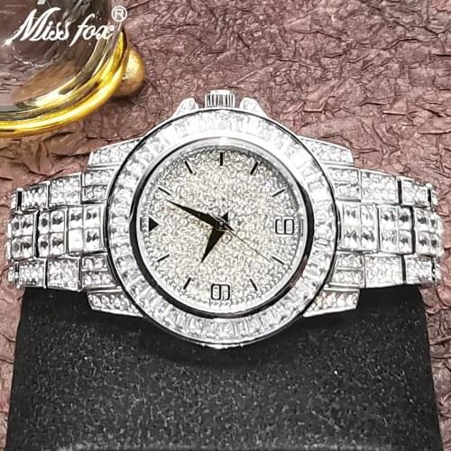 MISSFOX Men Watch Luxury Brand Silver Full Diamond Street Hip Hop Quartz Watches Accessories Dropshipping AAA Rlógios Masculino