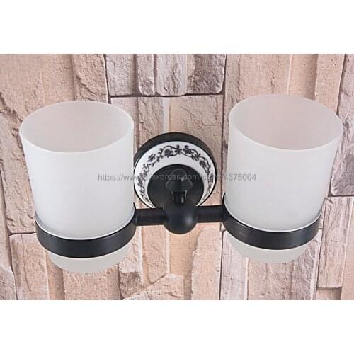 Bathroom Black Oil Rubbed Brass Toothbrush Holder + Two Glass Cups Wall Mounted Bathroom Accessories Nba765