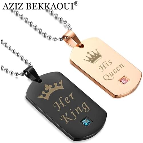 AZIZ BEKKAOUI Her King & His Queen Couple Necklaces with Crown Stainless Steel Tag Pendant Necklace Best Gift Dropshipping