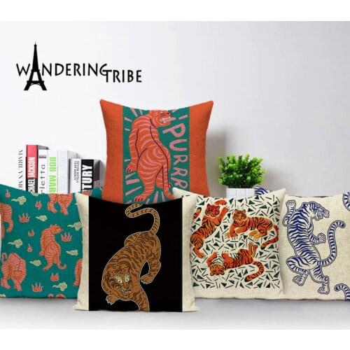 Cute Tiger Cushion Case Autumn Jungle Home Decor Pillows Cases Animal Sofa Bed Cushions Cover Linen Pillow Covers Kissenbezug