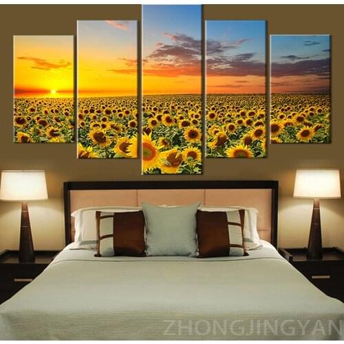 Canvas Printed Poster Wall Art 5 Pieces Sunflower Sunset Paintings Golden Flower Field Pictures Living Room Decor Modular Frame