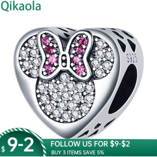 Authentic S925 Sterling Silver DIY Jewelry Bow True Love Girl Boy Mouse Charm fit Pandora Bracelet Bangle Pave Crystals
