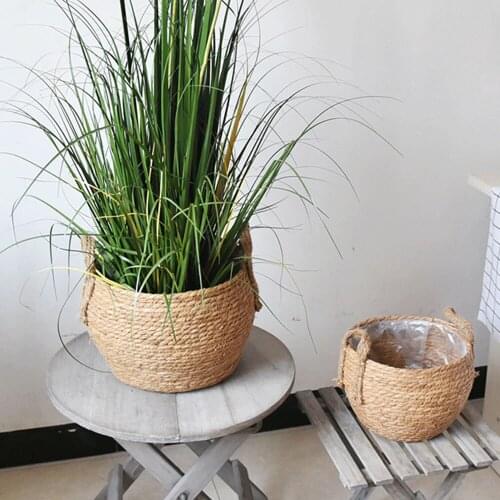 Folding Natural Hand Rattan Woven Plant Basket Garden Flower Vase Hanging Basket with Handle Storage Organizer Decoration