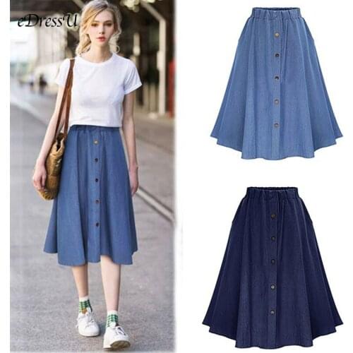 A-line Denim Skirt High Waist Casual Skirt Women Loose Midi Long Skirt Cotton Buttons Spring Summer Office Daily Skirt LS-9830